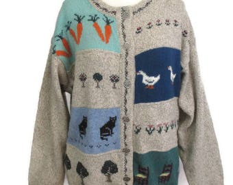 Eddie Bauer Wool Cardigan Size Large Sweater Geese Cat Carrots Chair Floral VTG