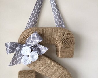 Monogram Wreath with Trellis Ribbon. Farmhouse style Jute Letter.