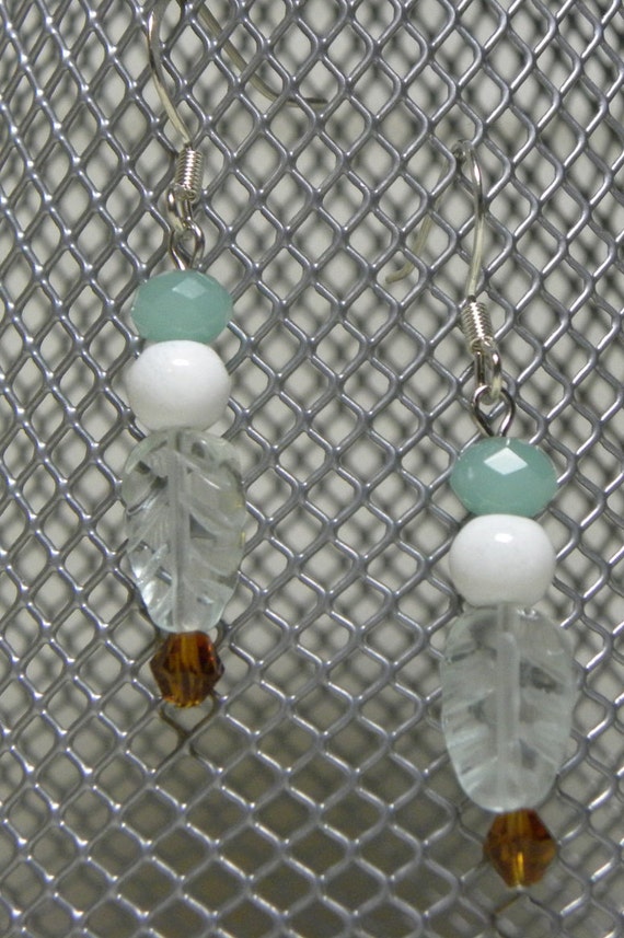 Earrings Light Mint Green Leaves with Brown by