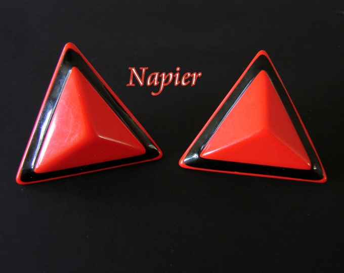 Vintage Napier Designer Signed Black & Red Lucite Modernist Clip Earrings Jewelry Jewellery