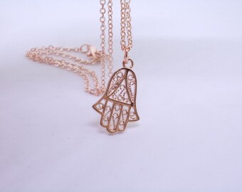 Hamsa Hand Necklace. Rose Gold plated Jewelry. Hand of Fatima Necklace. Rose Gold Hamsa. Protection. Spiritual. Good luck. Yoga.
