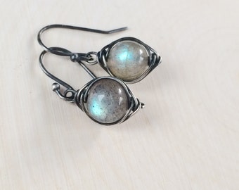 ON SALE Labradorite Earrings Labradorite Earrings Oxidized Sterling Silver Gemstone Earrings Dangle Earrings Blue Flash