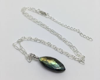 Labradorite Marquise Pendant and 925 Sterling Silver Chain, Labradorite Necklace, Blue Flash Labradorite Pendant, Sterling Silver Chain.