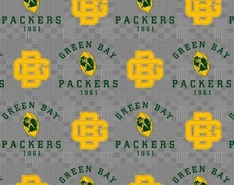 NFL Fabric, Green Bay Packers Football, Football Fabric, Gray Cotton Broadcloth Fabric, By the Half Yard