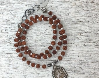 Rudraksha Mala Prayer Bead Necklace / Bracelet with Antique Indian Silver Durga Amulet