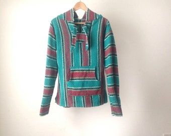 90s BAJA teal blue PONCHO surf sweatshirt hoodie