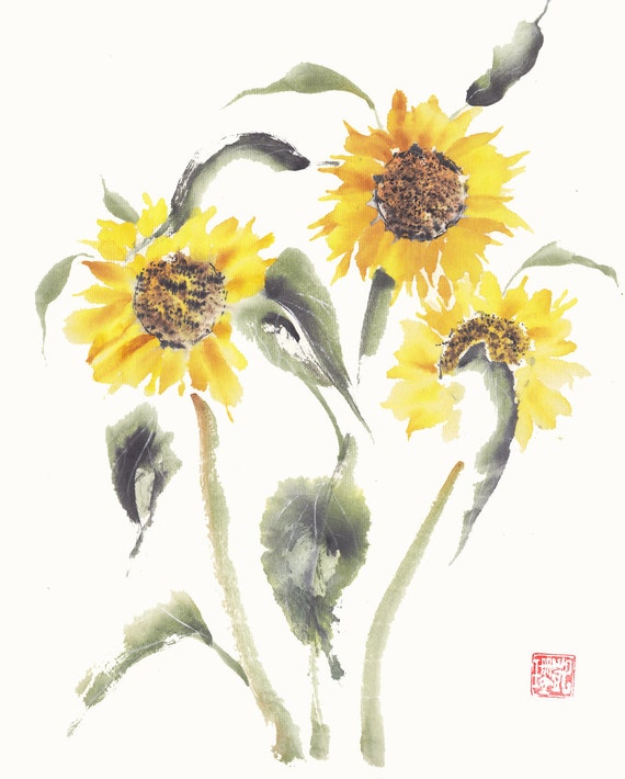 Sunflowers in Bloom Original Watercolor Painting Chinese Brush Artwork