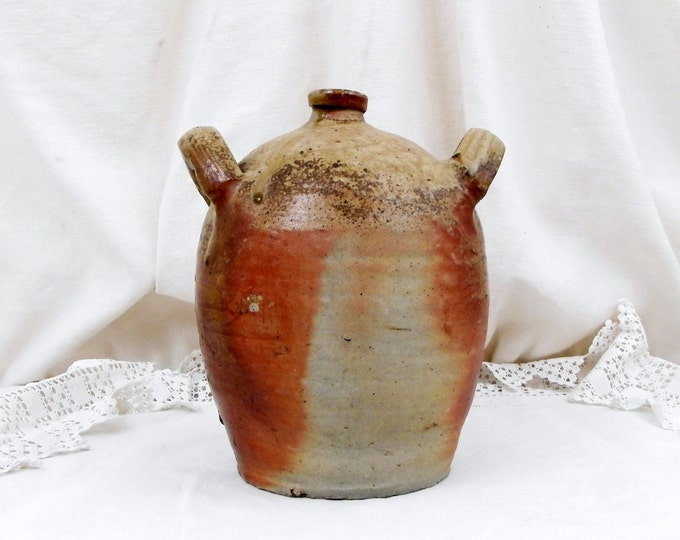 Large Antique French Hand Made Stoneware Salt Glaze Bottle / Carboy with 2 Handles, Rustic Primitive Ceramic Bottle, China Demi John Vase