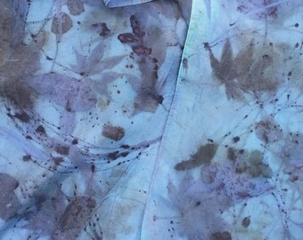 Blue Silk Scarf, ECO-printed with actual leaves, all natural colors, totally organic & renewable, sustainable art by artist, 11 x 60, OOAK