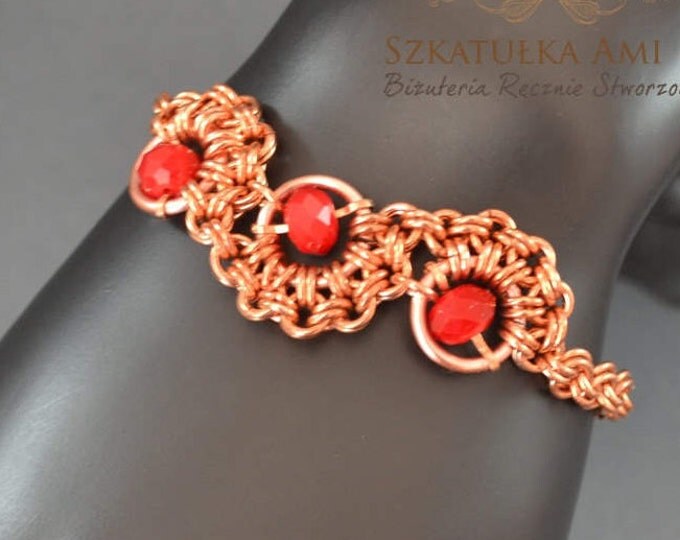 Chainmaille bracelet red bead crystal copper bracelet copper chainmaille bracelet weave bracelet steampunk jewelry gifts womens girls