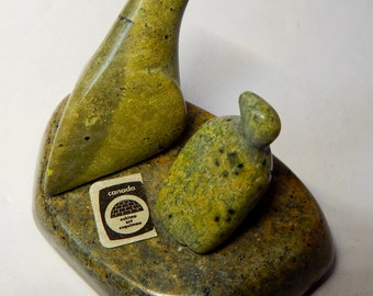 Inuit Eskimo Art Serpentine carving: TWO BIRDS, numbered, Igloo Sticker, 4x3x2