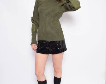 Vintage 80s' Military Khaki Wool Sweater / Army Green Ribbed Sweater / Olive Green Wool Sweater -
