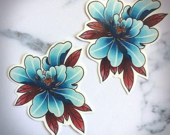Blue Peony Temporary Tattoo Original Illustration Japanese Kimono Style Asian Flower Floral Blossom Lotus Watercolor Nature Medium Chinese