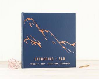 Navy and Rose Gold Wedding Guest Book with Real Rose Gold Foil guestbook 12x12 wedding photo album Mountains instant photo book hardcover