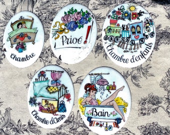Set of Five Door Plaques French 1970's1980's Worn Chambre D'Amis, Chambre, Prive, Bain, Chambre D'Enfants Metal Enamel Chips Door Furniture