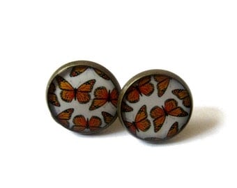 Gift for her - BUTTERFLY EARRINGS - butterflies studs - butterfly jewelry - orange butterfly - boho earring - orange earrings for|wife folk