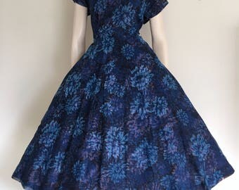 RESERVED Lovley 50s Blue Floral Chiffon Party Dress / Full Skirt / Large / Garden Party