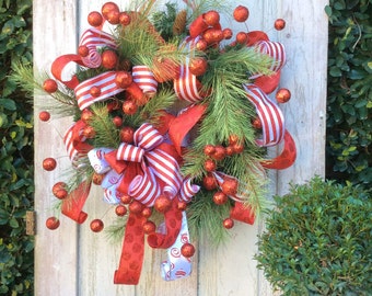 Large Christmas Wreath, Red Christmas Wreath, Whimsical Christmas Wreath, Christmas Front Door Wreath,Jolly Christmas Wreath,Red Ball wreath