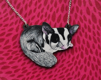 Sugar Glider Necklace - Illustrated Wooden Jewellery.