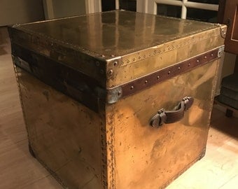 Beautiful Vintage Distressed Brass and Leather Bond St. of London Chest or Trunk
