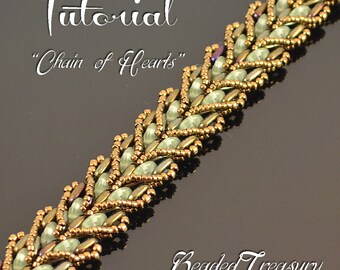 Chain of Hearts - beading pattern, beaded bracelet tutorial, beadweaving, QuadraLentil Bar bead pattern / TUTORIAL ONLY