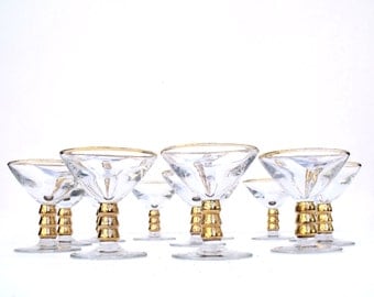 12 x French Art Deco Cocktail Martini Glasses 1920's Bubble stems Gold- amazing full set
