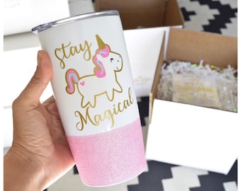 Stay Magical Unicorn Glitter Travel Mug - Unicorn Mug - Unicorn Stainless Steel Travel Mug - Vacuum Insulated Unicorn Travel Mug - Pink Mug