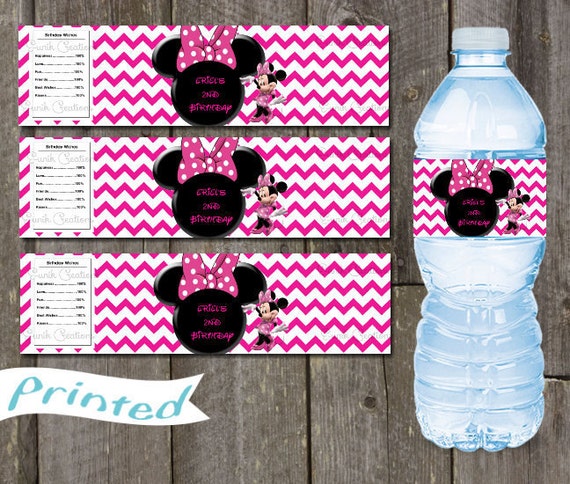 20 Minnie Mouse Pink Chevron Water Bottle Labels Personalized