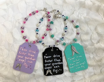 Guardian angel car charm, Handmade car charm, Never drive faster than your guardian angel can fly, Beaded car charm