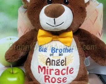 Brown Bear Stuffie plush custom animal. Embroidered, personalized tummy. Memorial, Newborn, or a gift for someone left behind.