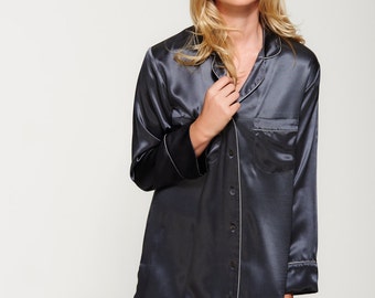 100% Pure Silk Shirt Dress - Handmade in our Atelier - Women's Nightshirt - Sleepshirt - Stylish and Feminine Design - Midnight Grey