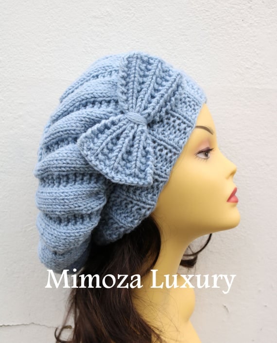 Light Denim Blue Woman Hand Knitted Hat with Bow, light blue Beret hat with bow, blue knit hat, slouchy knit women's hat with bow, denim