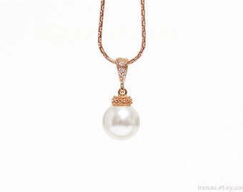Rose gold pearl necklace, Wedding bridal pearl pendant, Rose gold Swarovski CZ necklace Zirconia wedding bridal classic necklace pendant CBC