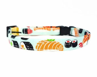 Cat Collar -"Sushi" - Safety Buckle/Breakaway - Light Blue Cat Collar - 100% Cotton Fabric with Webbing Core - Soft/Sturdy - Fun Cat Collar