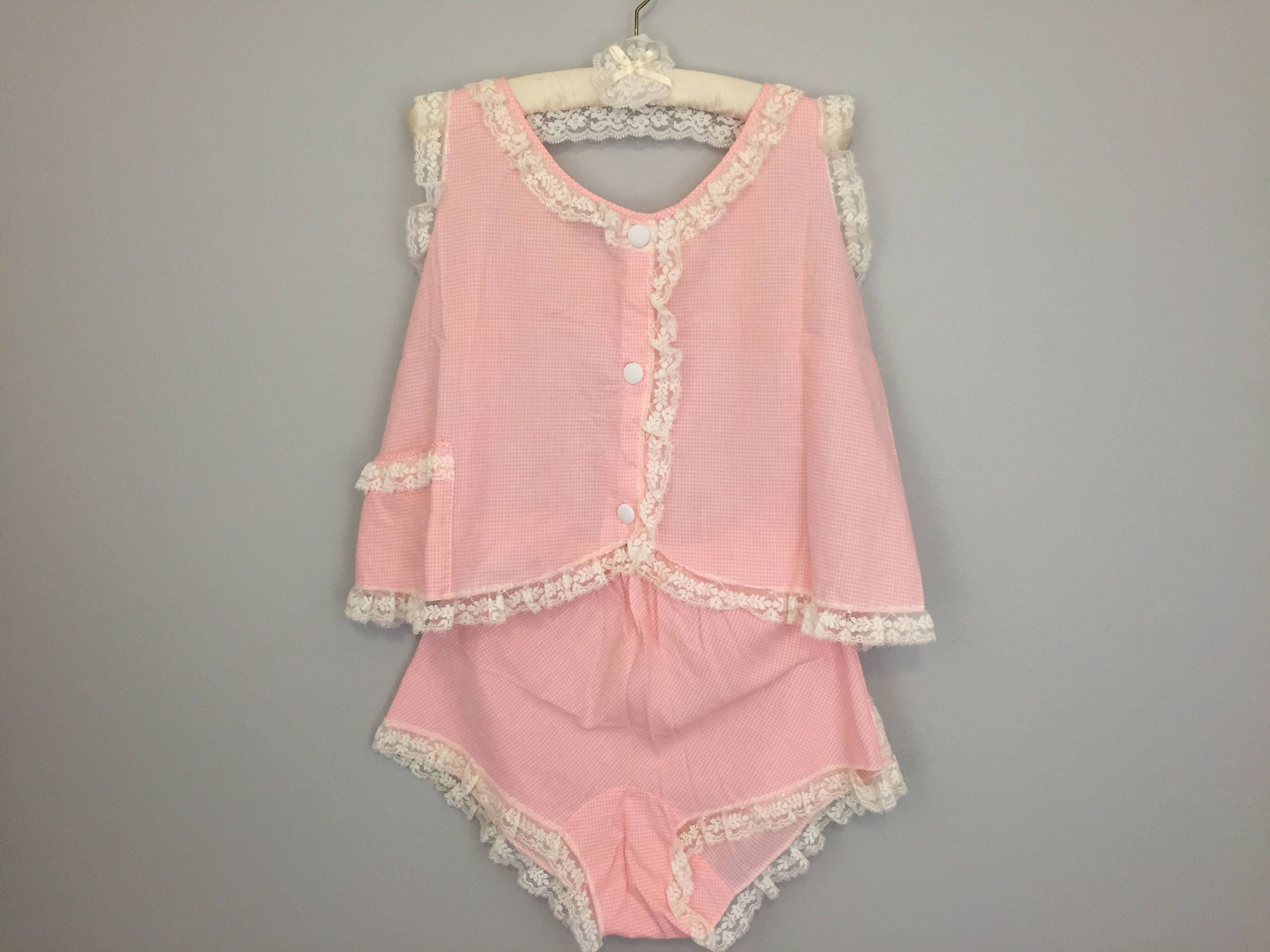 60s Vintage Womens Pajama Sets Pink Gingham Top & Bloomers