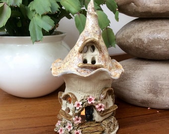 Fairy house oil burner, night light house, tea light burner, candle holder.