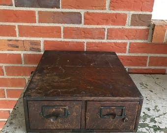 Vintage Yawman & Erbe Wood Card File Two Drawer Cabinet Rustic Primitive