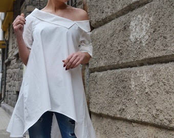 Crisp White Shirt / Cotton Shirt / Asymmetric Loose Blouse / Deconstructed Shirt / Casual Cool Shirt / Ladies Shirt / Outfit Ideas SH8816