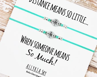 Set of Two Charm Friendship Bracelets with "Distance Means So Little" Card | BFF, Best Friend Jewelry | Matching Bracelets | Compass Charm