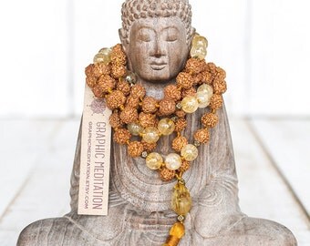 Citrine mala necklace, Rudraksha mala beads 108 Citrine jewelry, Citrine stone necklace, Long mala Meditation beads, Citrine crystal beads