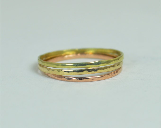 Solid Green, Rose & Yellow Gold Super Thin Stack Ring Set, 14k Gift For Wife, Slim Ring, Triple Gold Ring, Ultra Thin Ring, 14k Green Gold