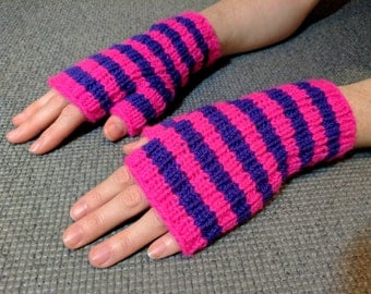 Hand Knit Fingerless Gloves, Cheshire Cat. Pink and Purple Stripe Wool Blend. For Prowling Around & Having Fun. Will Fit Teens, Women, Men