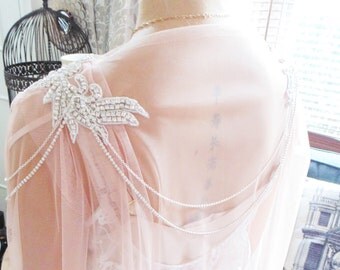 Bridal cape veil, blush/ soft rose wedding cape, diamante tulle cape, tulle cape shawl, bridal veil long, vintage veil, custom made veil