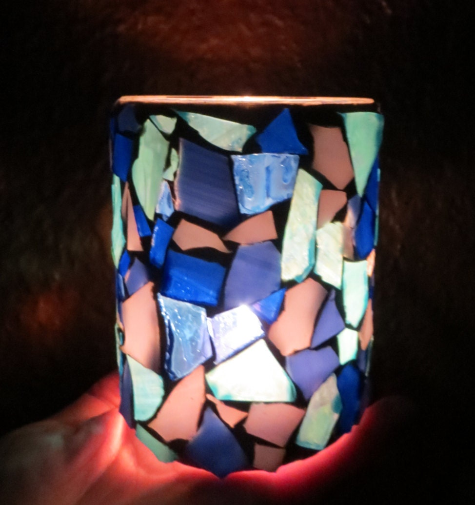 Blue stained glass mosaic candle holder measures 4 inches tall