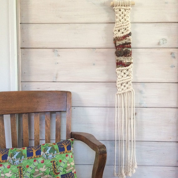 Narrow Macrame Woven Wall Hanging in Earth Tones with Fringe