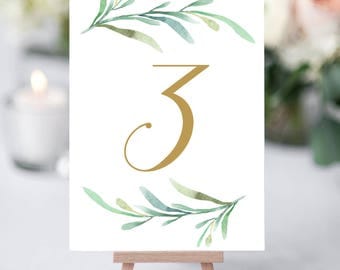 Greenery wedding table numbers template, printable reception table number - 5x7 inches and 4x6". DIY number cards. Editable Word templates