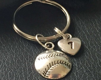 baseball keychain with hand stamped player number, baseball key ring, baseball mom keychain, softball charm, softball team gifts