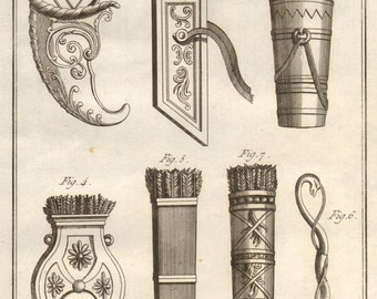 1804 Rare Antique Weapons Engraving Quiver Bow Arrows Laid Paper Encyclopédie Méthodique Recueil D'Antiquites French Paris