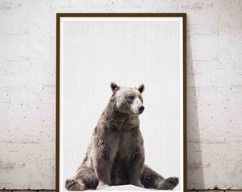 Bear Print, Nursery Wall Art, Woodland Nursery Decor, Printable Poster, Kids Room Decor, White Rustic Wall Art, Woodland Nursery Animal