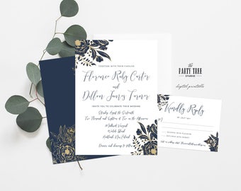 Printable Wedding Invitation Suite , Navy and Gold Wedding Invitation , DIY Wedding , Printable Wedding , Gold Floral Wedding Invitation